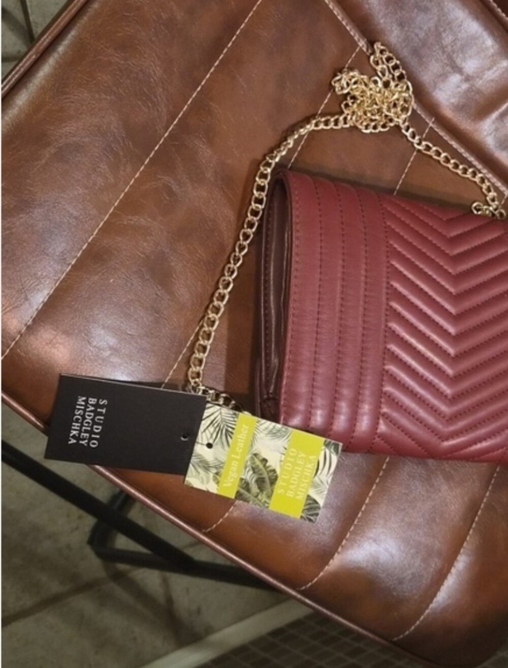 Badgley Mischka 2 Pc  Quilted Burgundy Crossbody with Gold Chain and Coin Purse - Picture 7 of 11